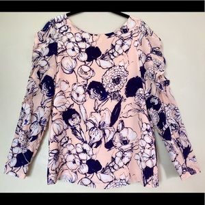 Club Monaco 100% Silk Floral Pink Blue Ruffle Open Shoulder Top Blouse XS